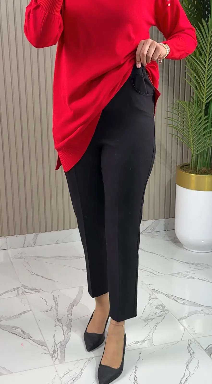 Beli Lastikli Double Krep Kumaş Dar Paça Pantolon