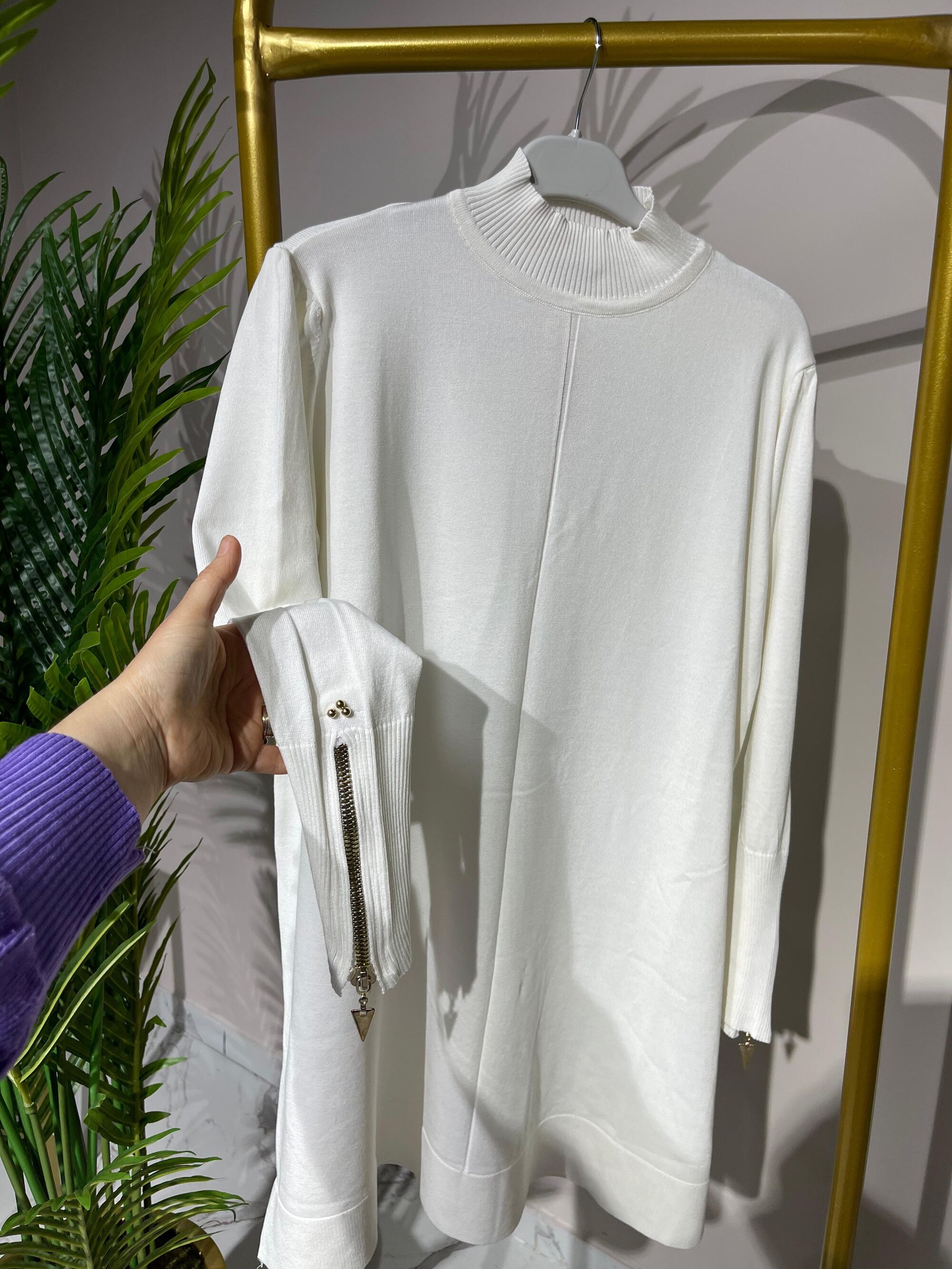 3710 Kolu Fermuar Detaylı Merserize Tunik