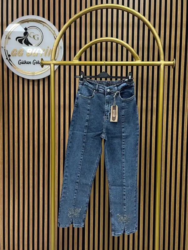 Ayşe Akay Kelebek Desen Taşlı Kot Pantolon