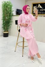 Ayşe Akay Pembe Nakışlı Keten Takım