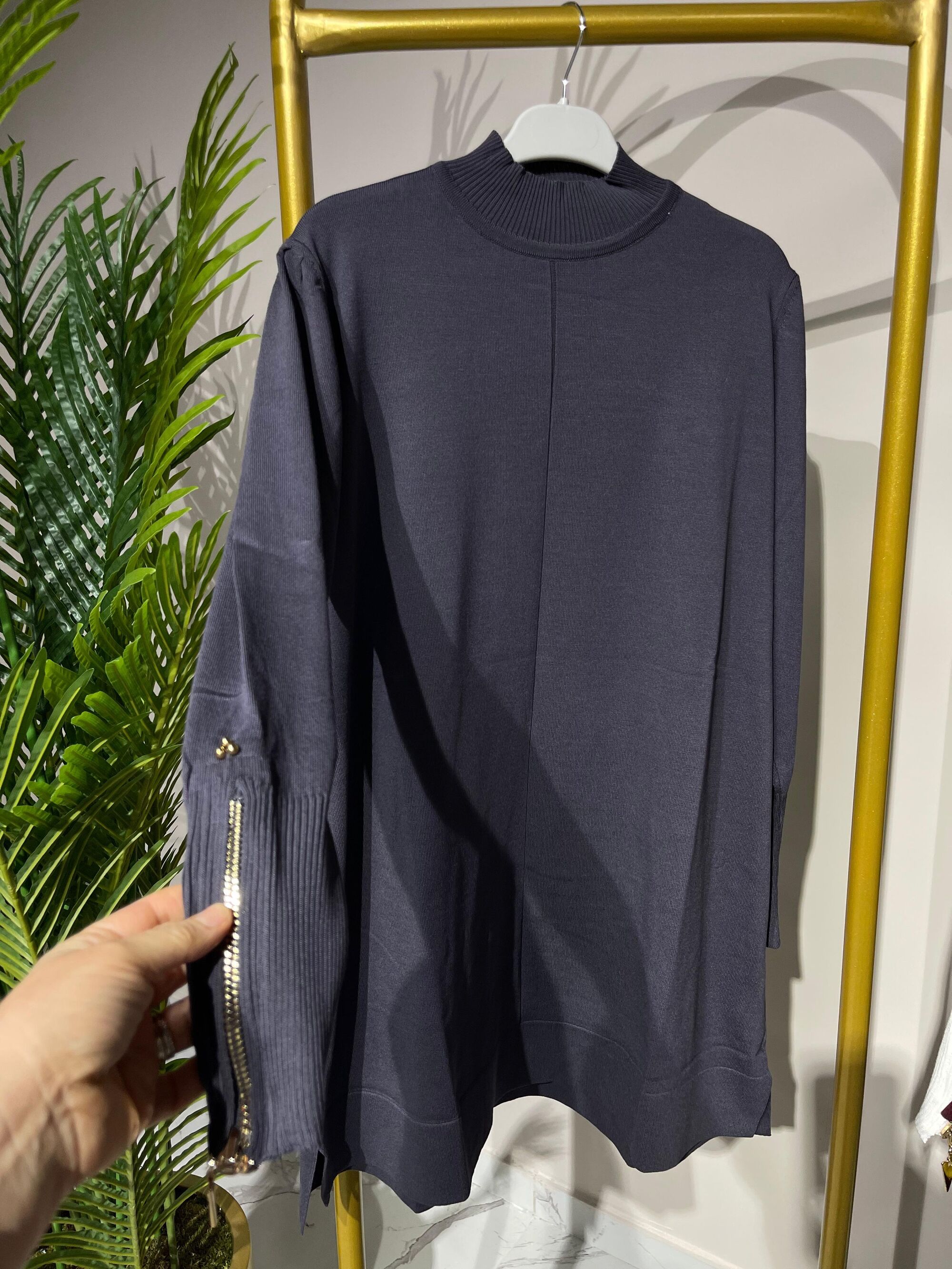 3710 Kolu Fermuar Detaylı Merserize Tunik