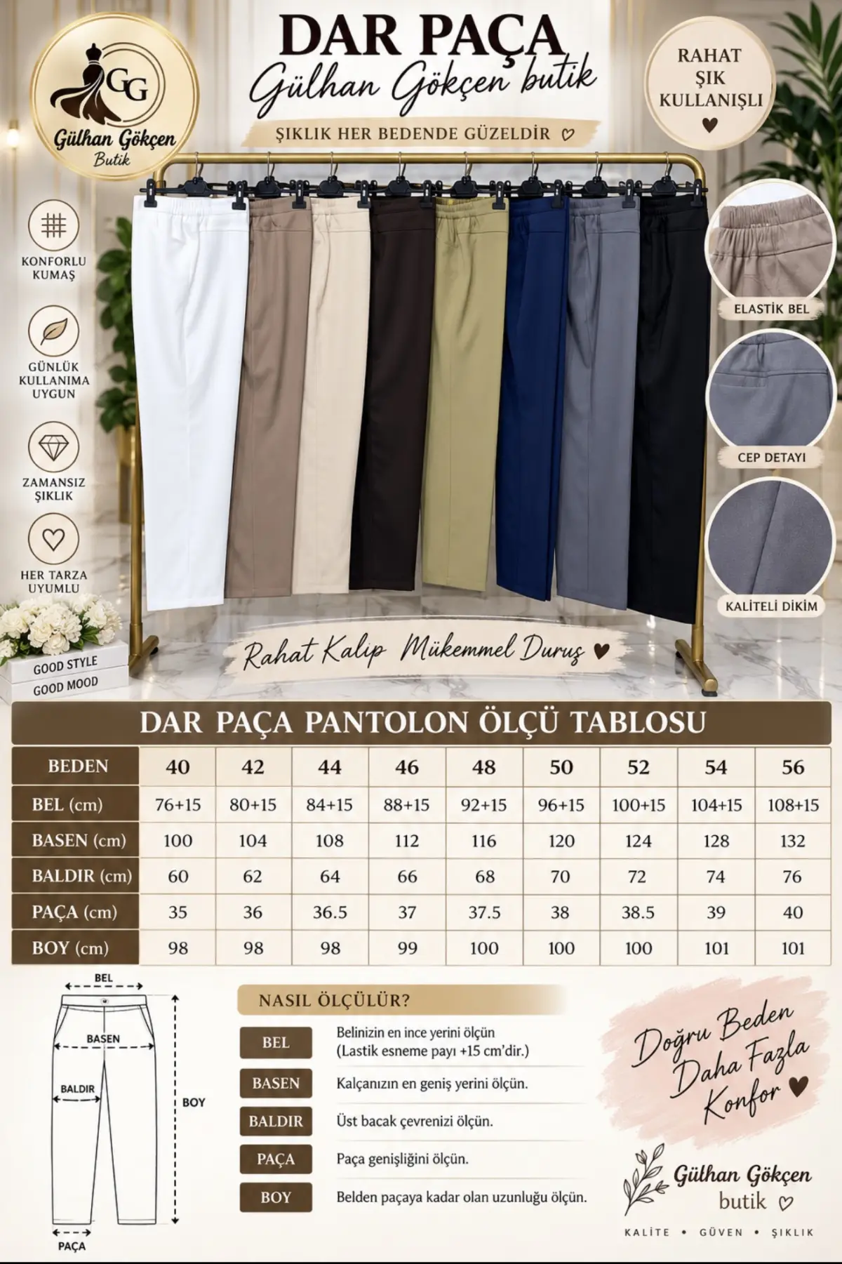 Beli Lastikli Double Krep Kumaş Dar Paça Pantolon