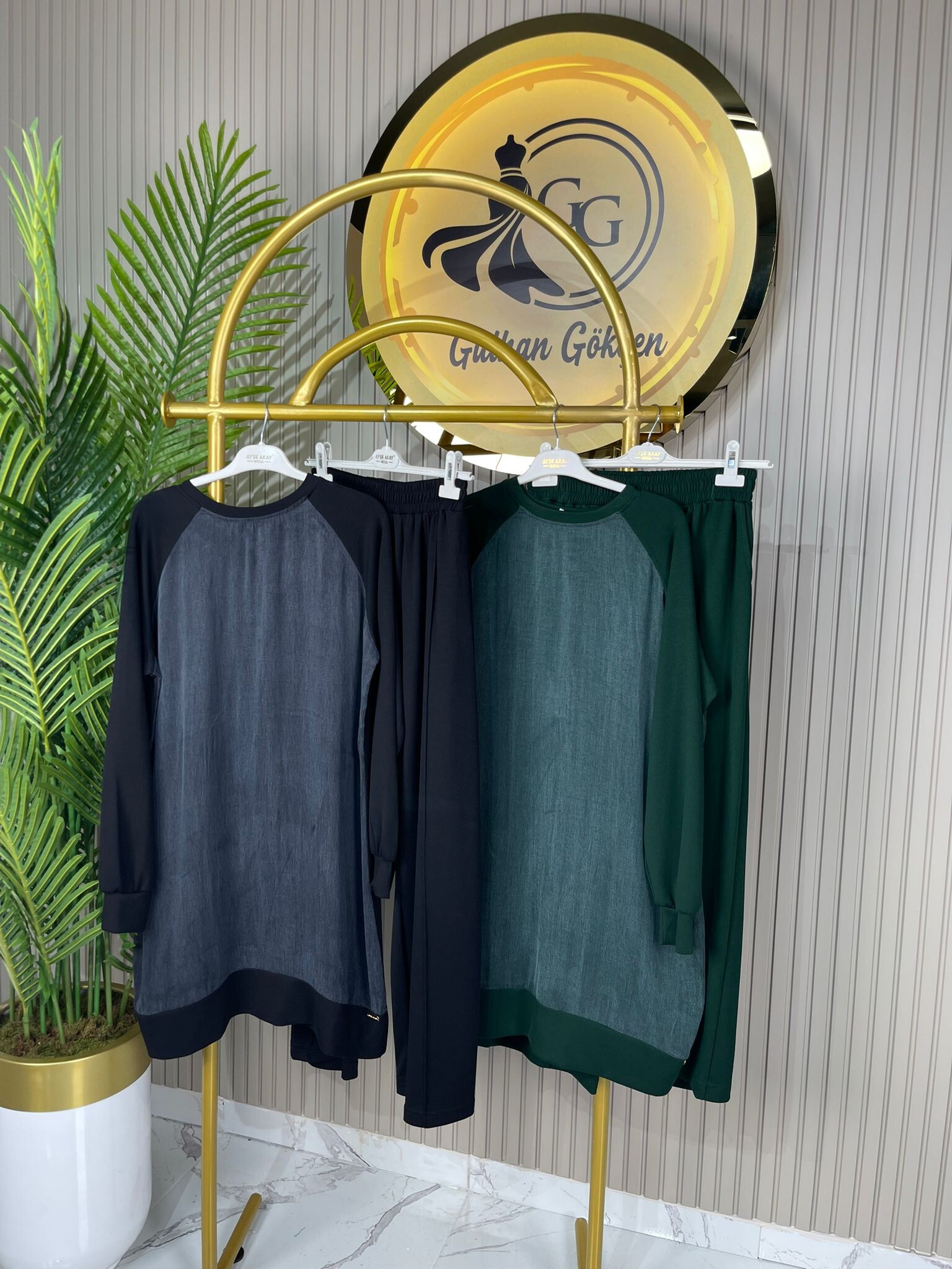 Ayşe Akay Düz İpek Cupra Kumaş Desenli İkili Takım