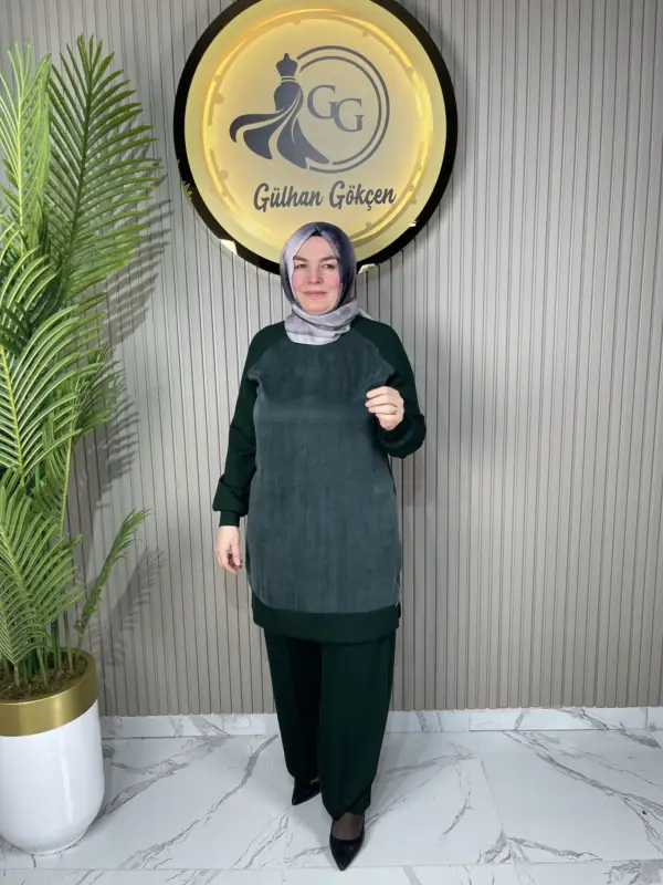 Ayşe Akay Düz İpek Cupra Kumaş Desenli İkili Takım