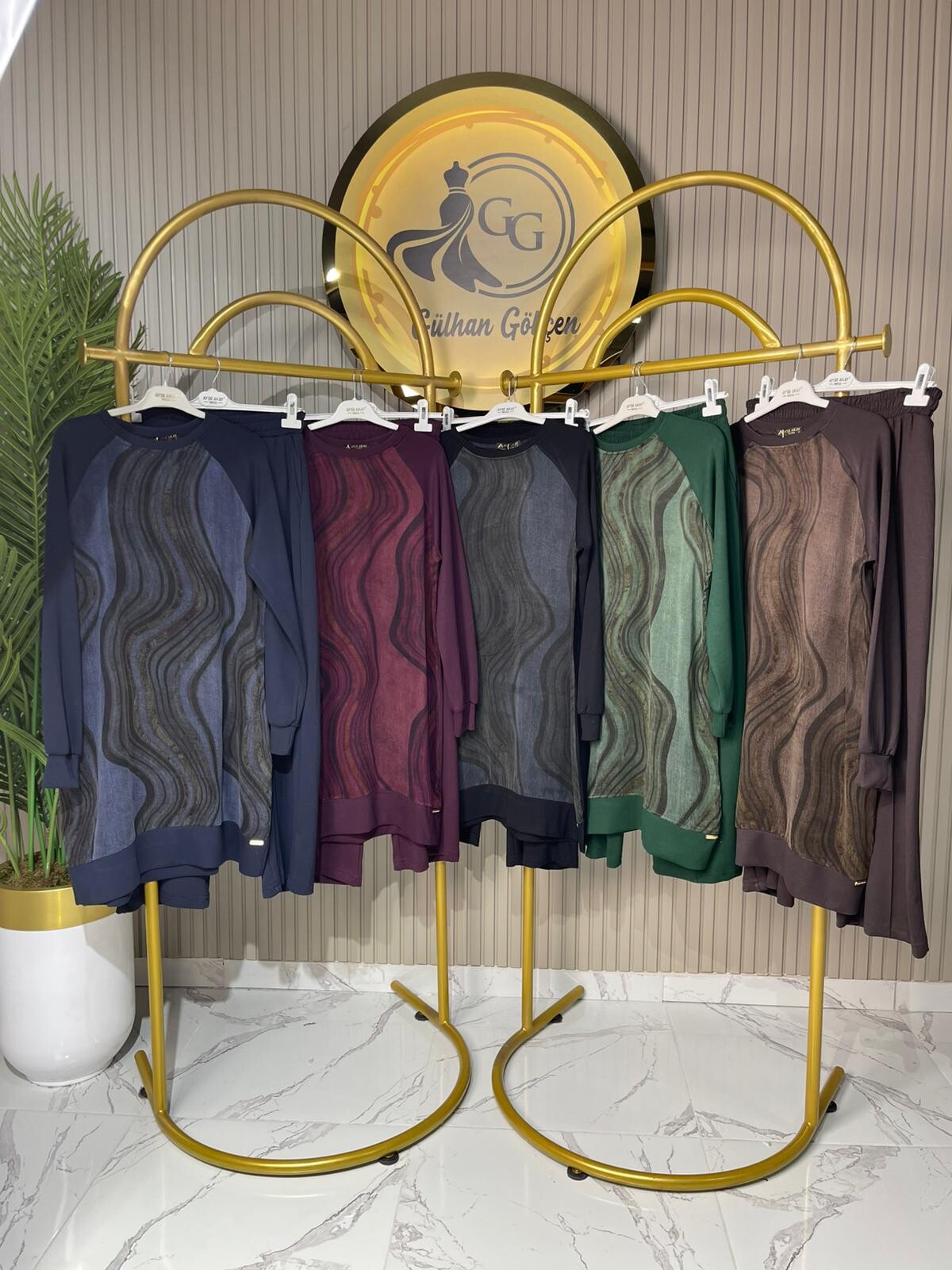 Ayşe Akay Pantolonlu İpek Cupra Dalga Desenli İkili Takım