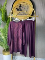 Ayşe Akay Pantolonlu İpek Cupra Dalga Desenli İkili Takım