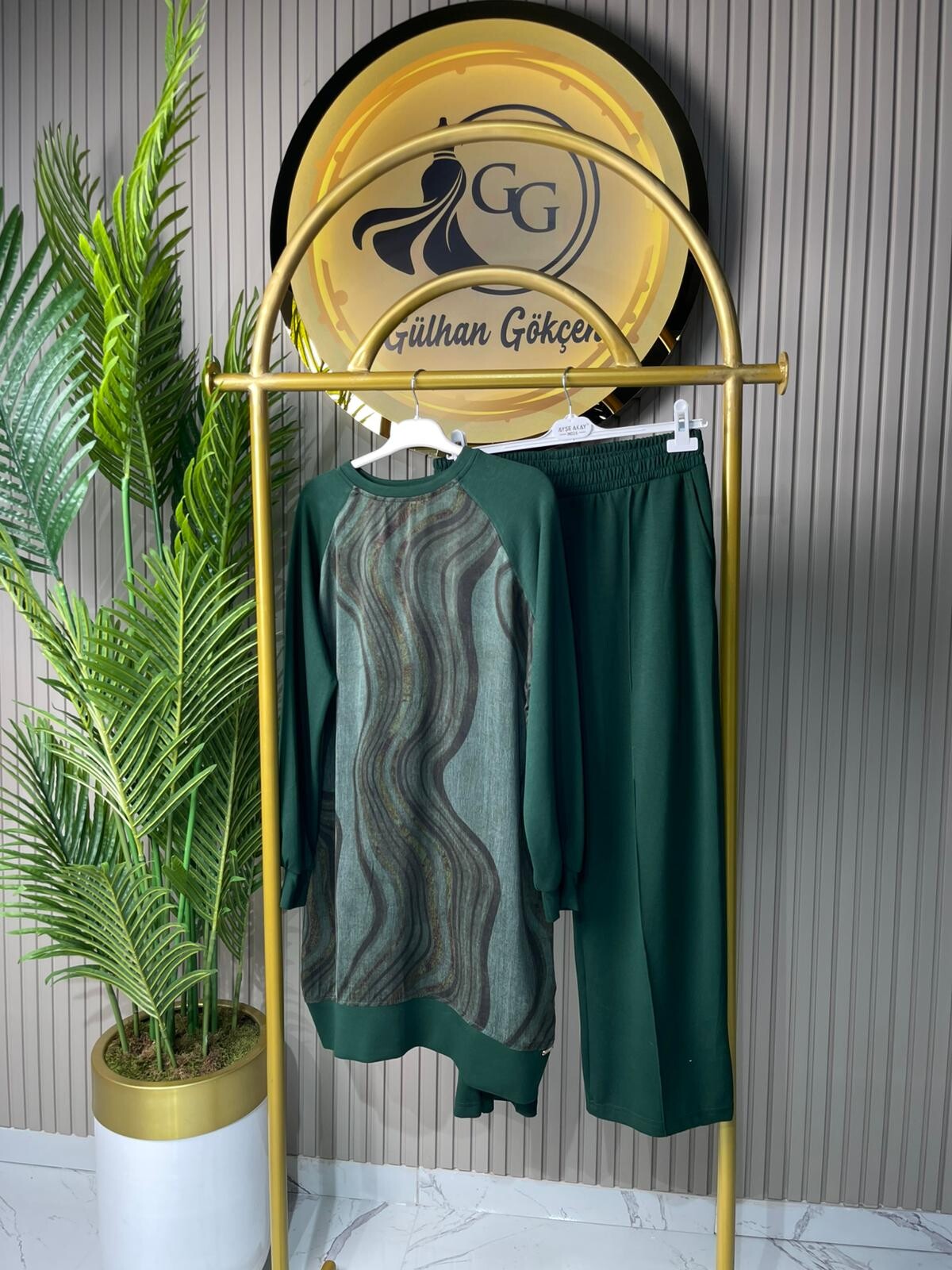 Ayşe Akay Pantolonlu İpek Cupra Dalga Desenli İkili Takım