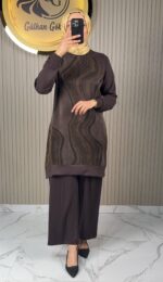 Ayşe Akay Pantolonlu İpek Cupra Dalga Desenli İkili Takım