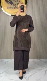 Ayşe Akay Pantolonlu İpek Cupra Dalga Desenli İkili Takım