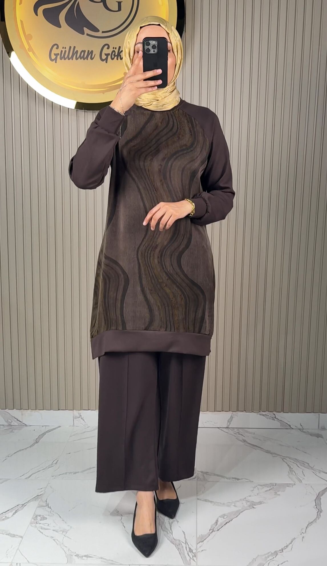 Ayşe Akay Pantolonlu İpek Cupra Dalga Desenli İkili Takım