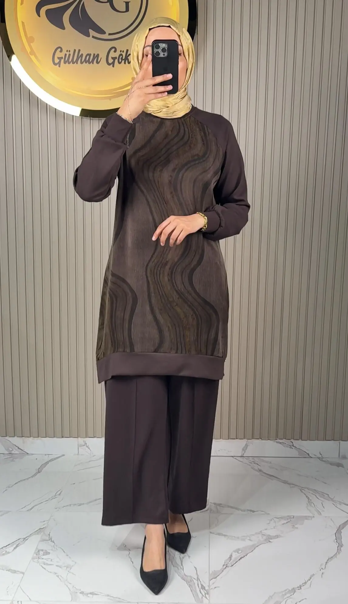 Ayşe Akay Pantolonlu İpek Cupra Dalga Desenli İkili Takım