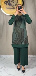 Ayşe Akay Pantolonlu İpek Cupra Dalga Desenli İkili Takım