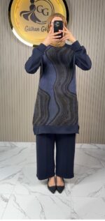 Ayşe Akay Pantolonlu İpek Cupra Dalga Desenli İkili Takım