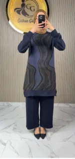 Ayşe Akay Pantolonlu İpek Cupra Dalga Desenli İkili Takım