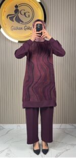 Ayşe Akay Pantolonlu İpek Cupra Dalga Desenli İkili Takım