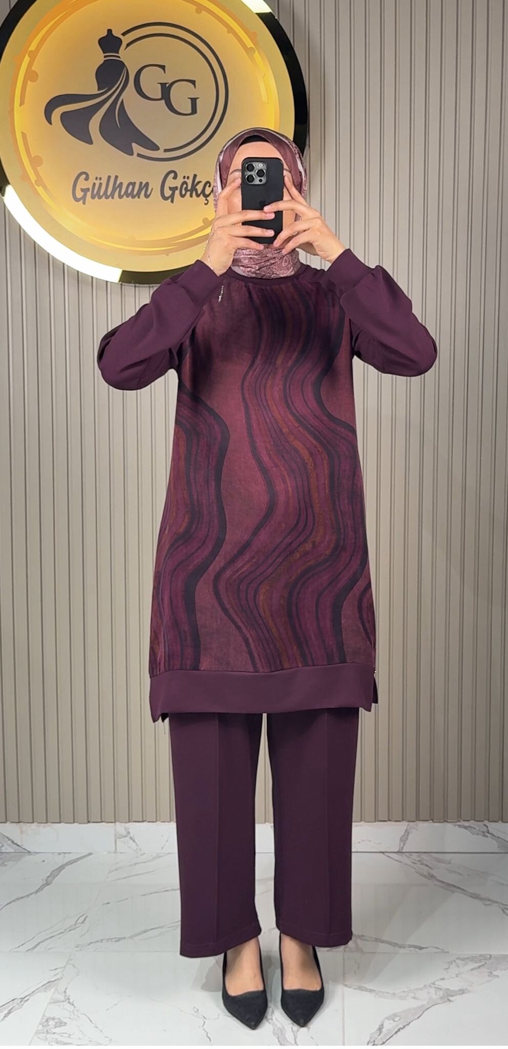 Ayşe Akay Pantolonlu İpek Cupra Dalga Desenli İkili Takım