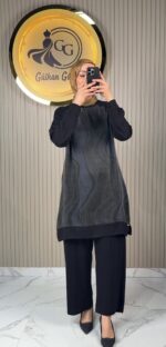 Ayşe Akay Pantolonlu İpek Cupra Dalga Desenli İkili Takım