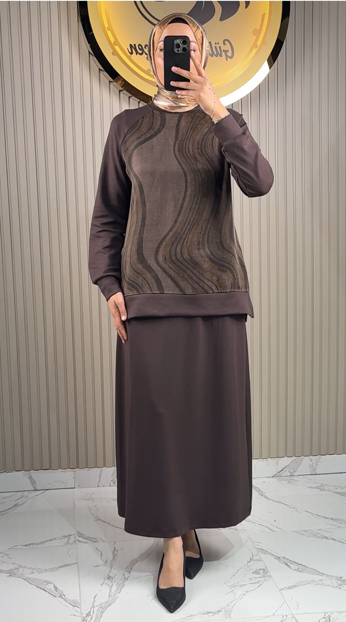 Ayşe Akay Etekli Dalga Desenli İpek Cupra Takım