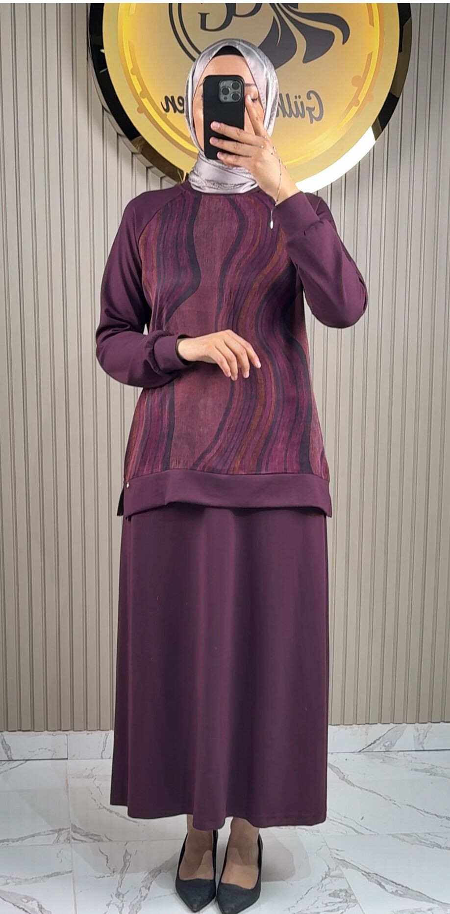 Ayşe Akay Etekli Dalga Desenli İpek Cupra Takım