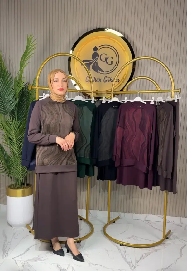 Ayşe Akay Etekli Dalga Desenli İpek Cupra Takım